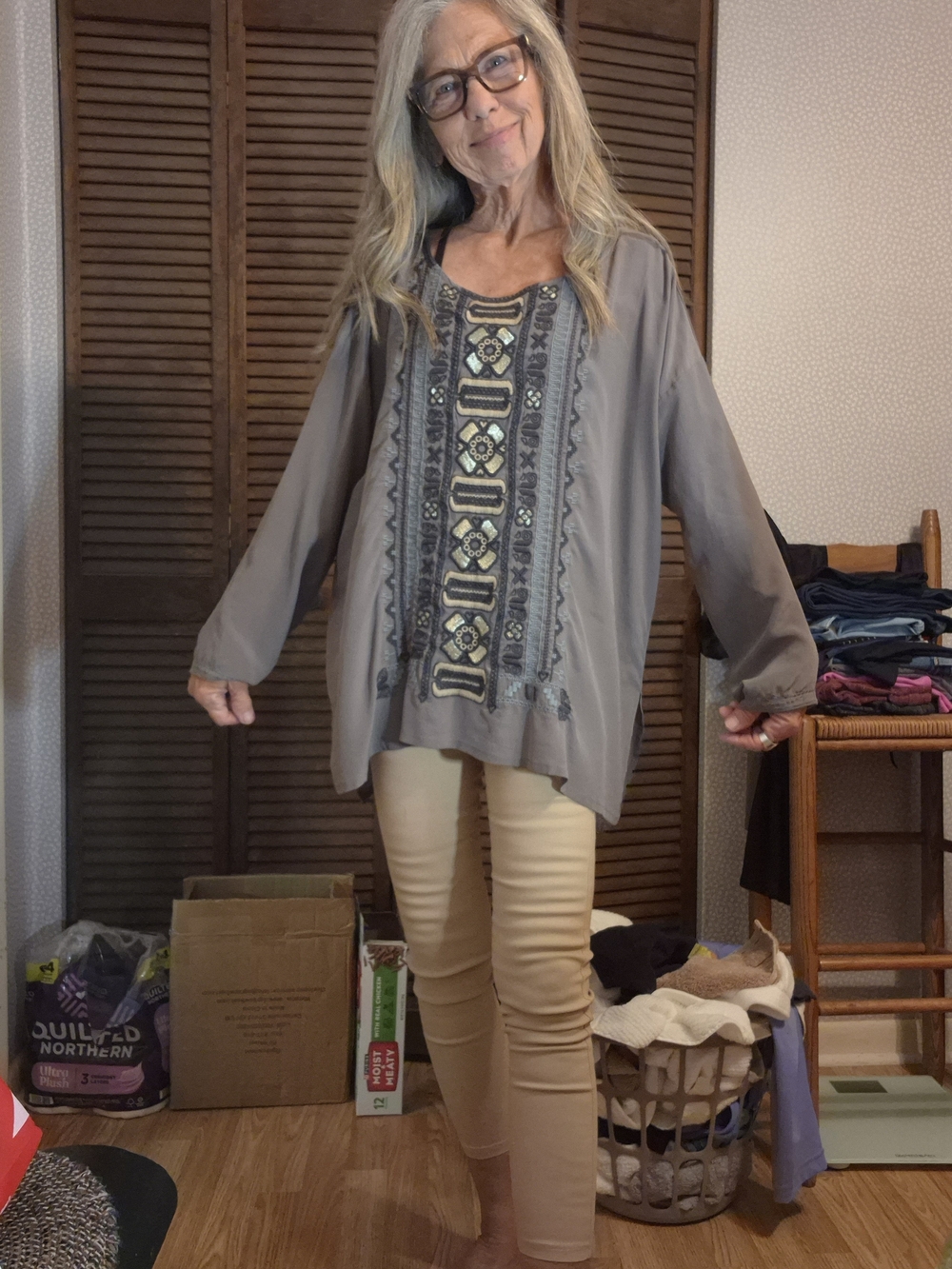 Embroidered Taupe Long-Sleeve Women’s Tunic - Johnny Was